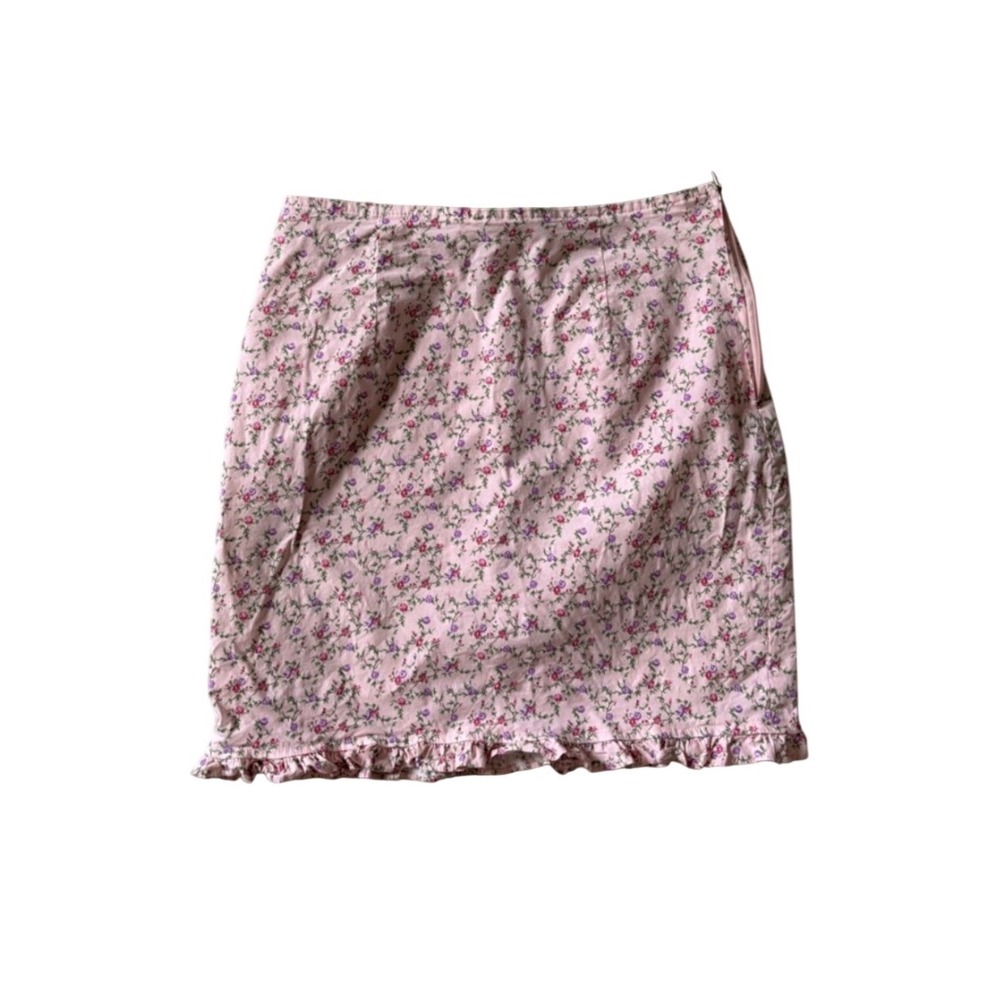 Vintage Blue Pink Floral Mini Skirt Ruffle Hem Side Zip Cotton Blend XS